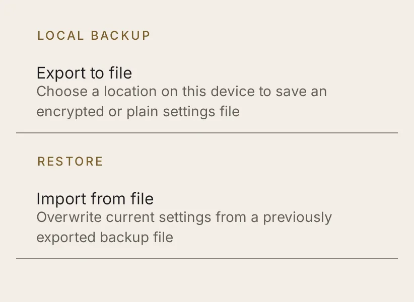 The backup screen: export to a file, or import from a file.