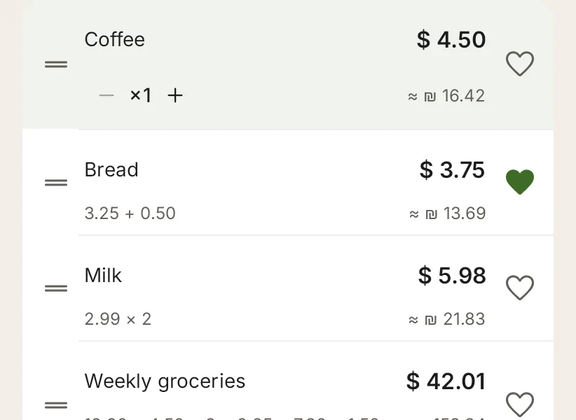 Cart rows: coffee, bread, milk and the weekly groceries, each with its price in dollars and in shekels.