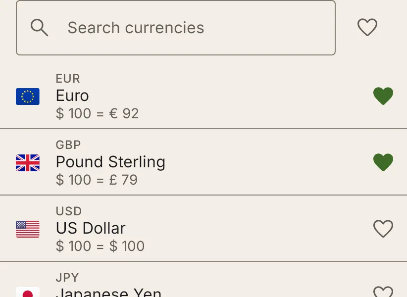 The currency picker: a search field, then Euro and Pound Sterling starred at the top, each with what 100 dollars comes to.