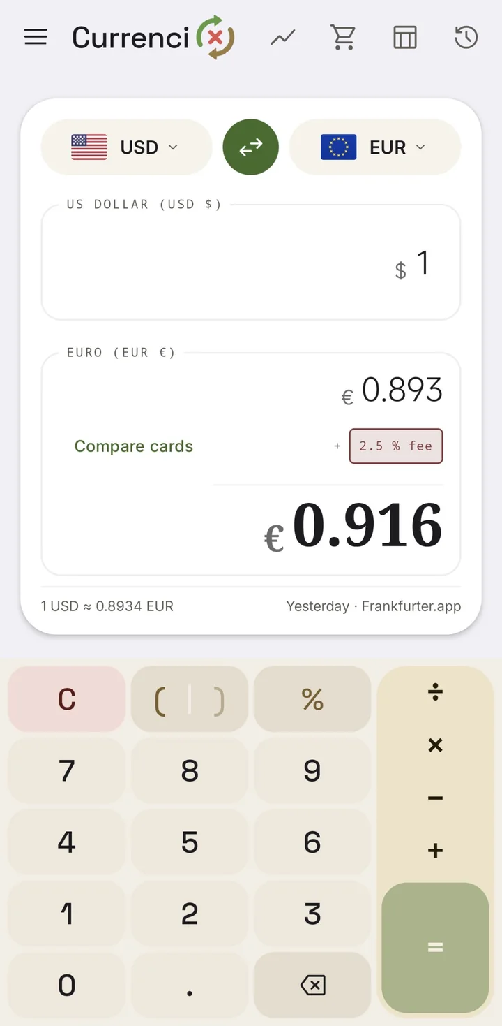 The converter on a phone: 1 US dollar is 0.893 euro, and 0.916 euro with a 2.5% card fee stamped beside it, over the keypad.
