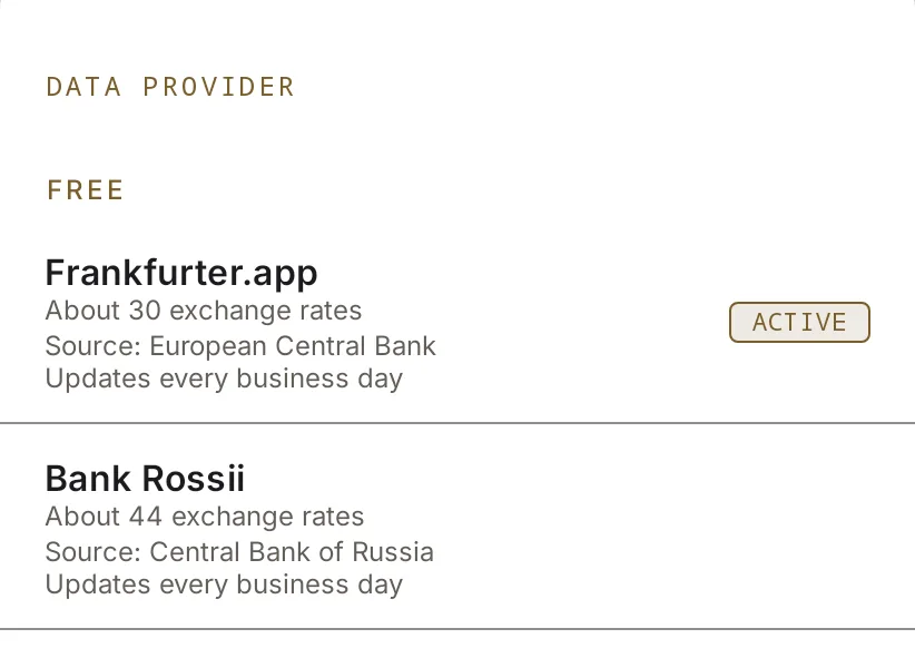 The provider picker: Frankfurter.app marked active, then Bank Rossii, each with how many rates it has and where they come from.