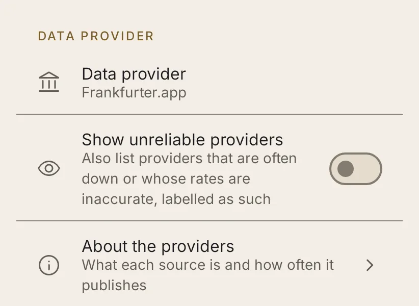 Exchange rate settings: the data provider, a switch to show unreliable providers, auto-refresh and how often to refresh.