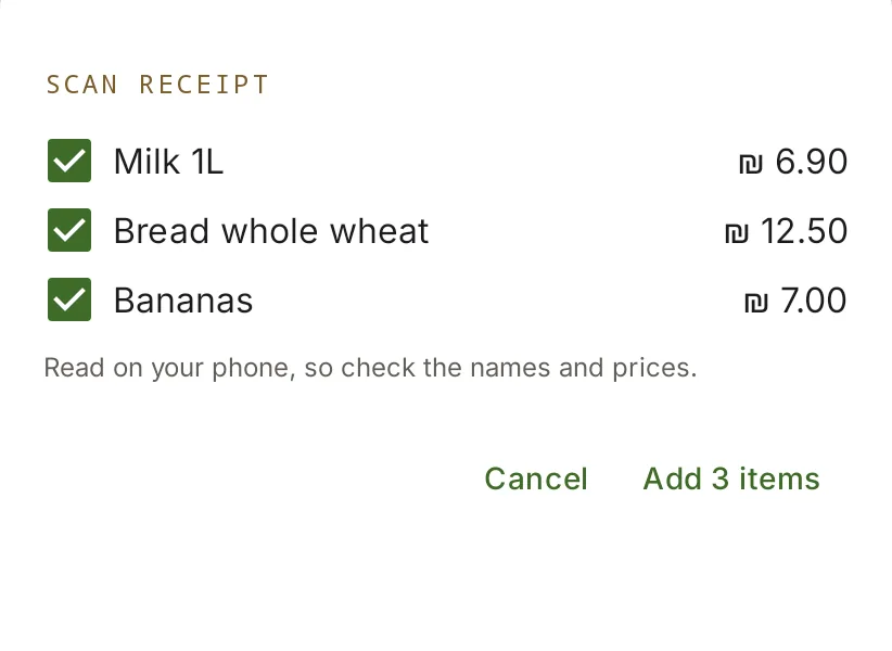 A scanned receipt: milk, bread and bananas with their prices, ticked to add to the cart, with a note that it was read on the phone.