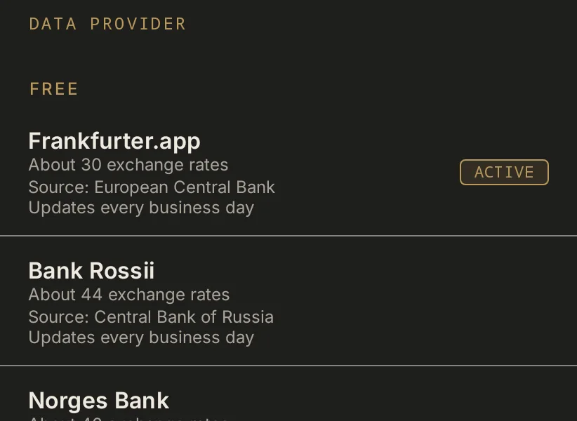 The provider picker in the dark theme with unreliable providers shown: Norges Bank appears, labelled with its downtime.